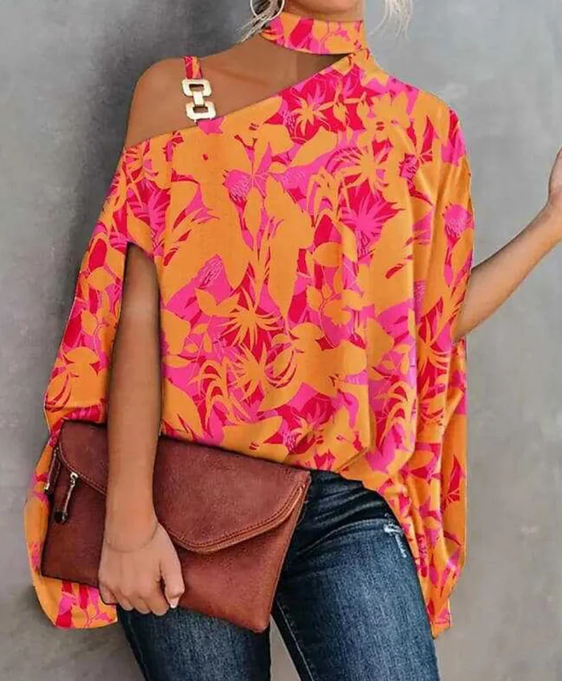 Women's Off-Shoulder Top – Relaxed Fit – Asymmetrical Neckline – Choker Detail – Breathable - Image 3