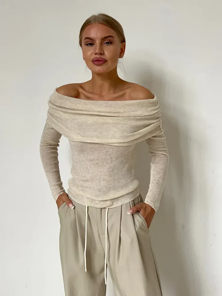 Ladies Off-Shoulder Sweater – Ribbed – Slim Fit – Long Sleeves – Stretchy Casual Look - Image 2