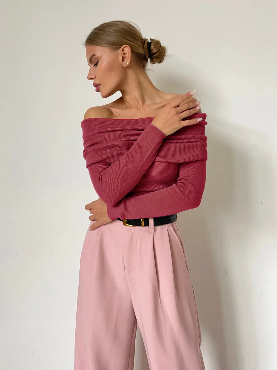 Ladies Off-Shoulder Sweater – Ribbed – Slim Fit – Long Sleeves – Stretchy Casual Look - Image 3