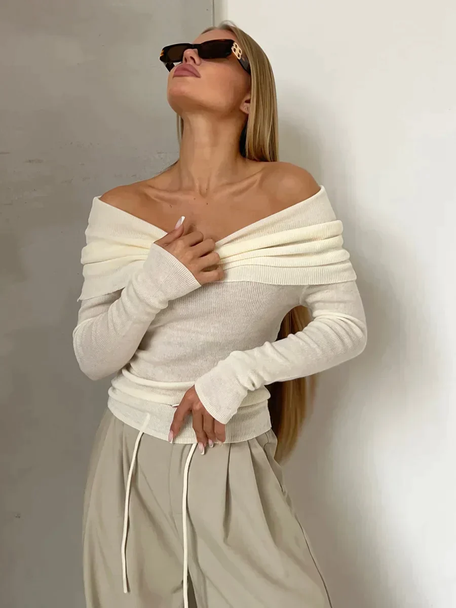 Ladies Off-Shoulder Sweater – Ribbed – Slim Fit – Long Sleeves – Stretchy Casual Look - Image 4