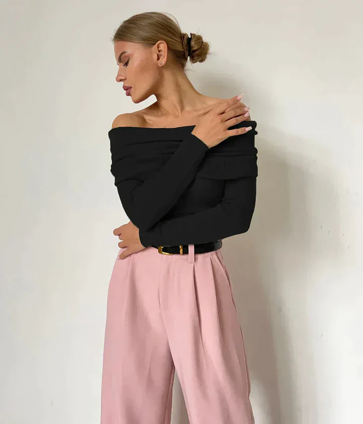 Ladies Off-Shoulder Sweater – Ribbed – Slim Fit – Long Sleeves – Stretchy Casual Look - Image 5