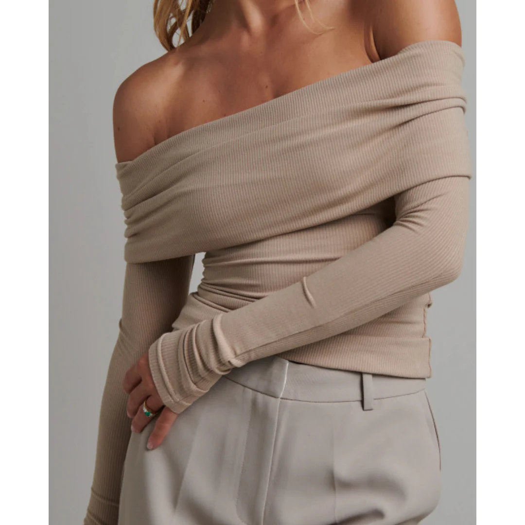 Ladies Off-Shoulder Sweater – Ribbed – Slim Fit – Long Sleeves – Stretchy Casual Look - Image 6
