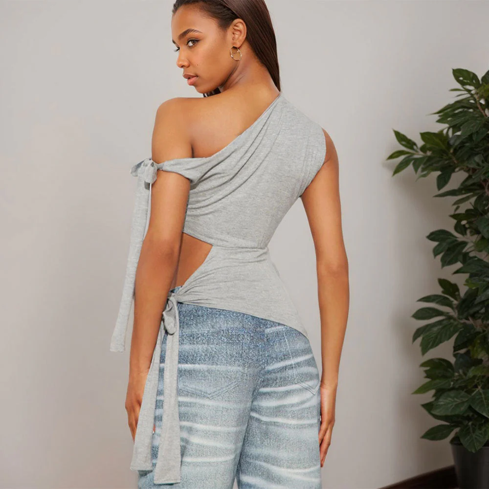 Women's One-Shoulder Crop Top – Slim Fit – Breathable Fabric – Adjustable Bow Details - Image 2