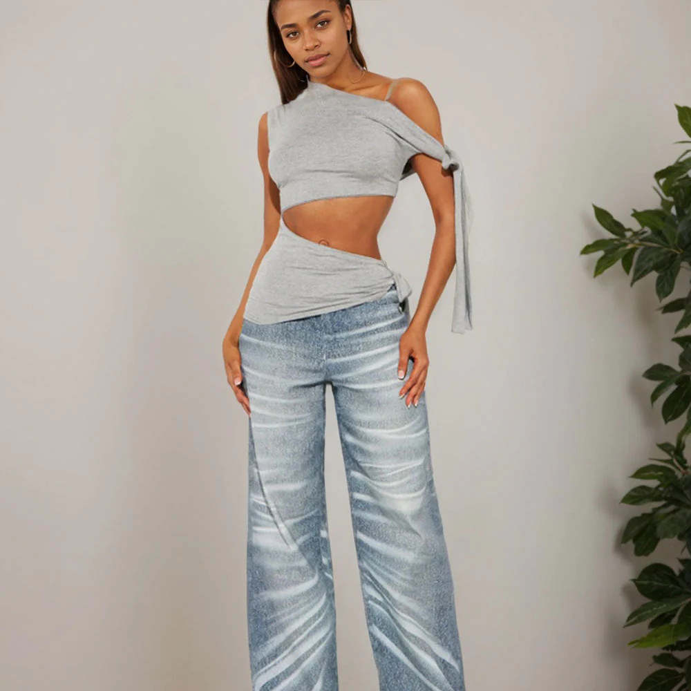 Women's One-Shoulder Crop Top – Slim Fit – Breathable Fabric – Adjustable Bow Details - Image 3