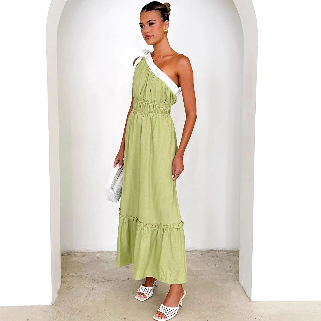 Ladies One-Shoulder Dress – Cotton Mix – A-line – Midi – Ruffles – Layered Skirt - Image 3