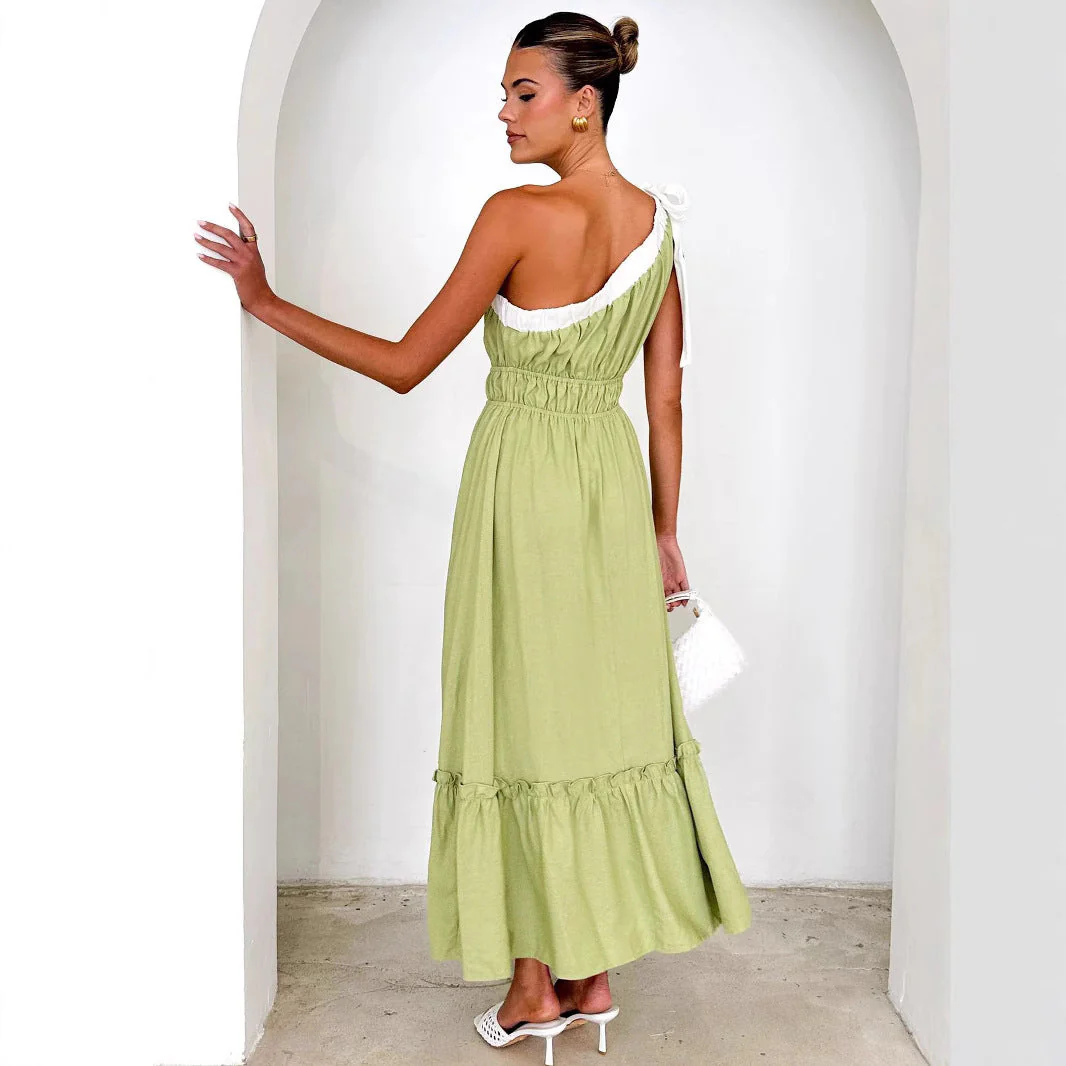 Ladies One-Shoulder Dress – Cotton Mix – A-line – Midi – Ruffles – Layered Skirt - Image 4