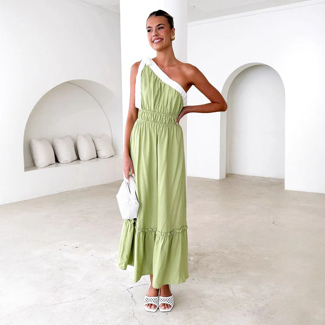 Ladies One-Shoulder Dress – Cotton Mix – A-line – Midi – Ruffles – Layered Skirt - Image 5