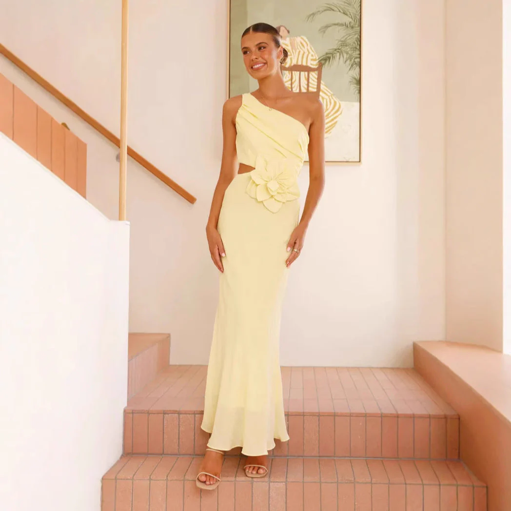 Women's One-Shoulder Dress – Slim Fit – Asymmetrical Neckline – Waist Cut-Out – Flower Detail – Maxi Length - Image 3