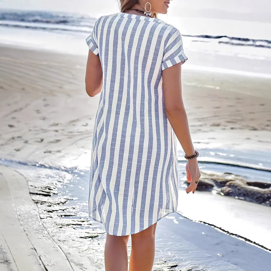 Women's shirt dress – Breathable material – V-neck – Vertical stripes – Button closure - Image 2