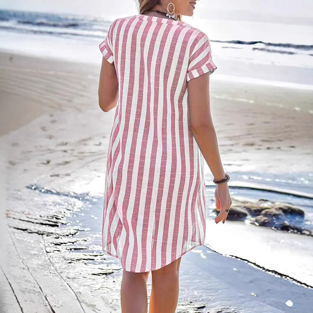 Women's shirt dress – Breathable material – V-neck – Vertical stripes – Button closure - Image 4