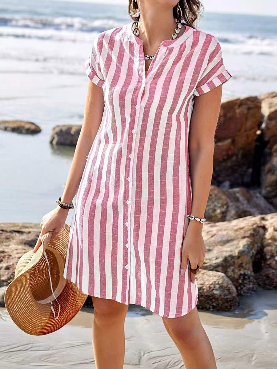 Women's shirt dress – Breathable material – V-neck – Vertical stripes – Button closure - Image 5