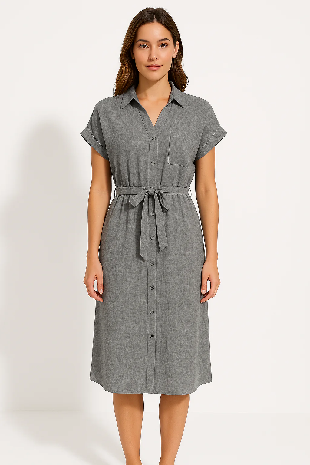 Women's shirt dress – Casual fit – Breathable fabric – Button closure – Midi length – Tie belt - Image 2