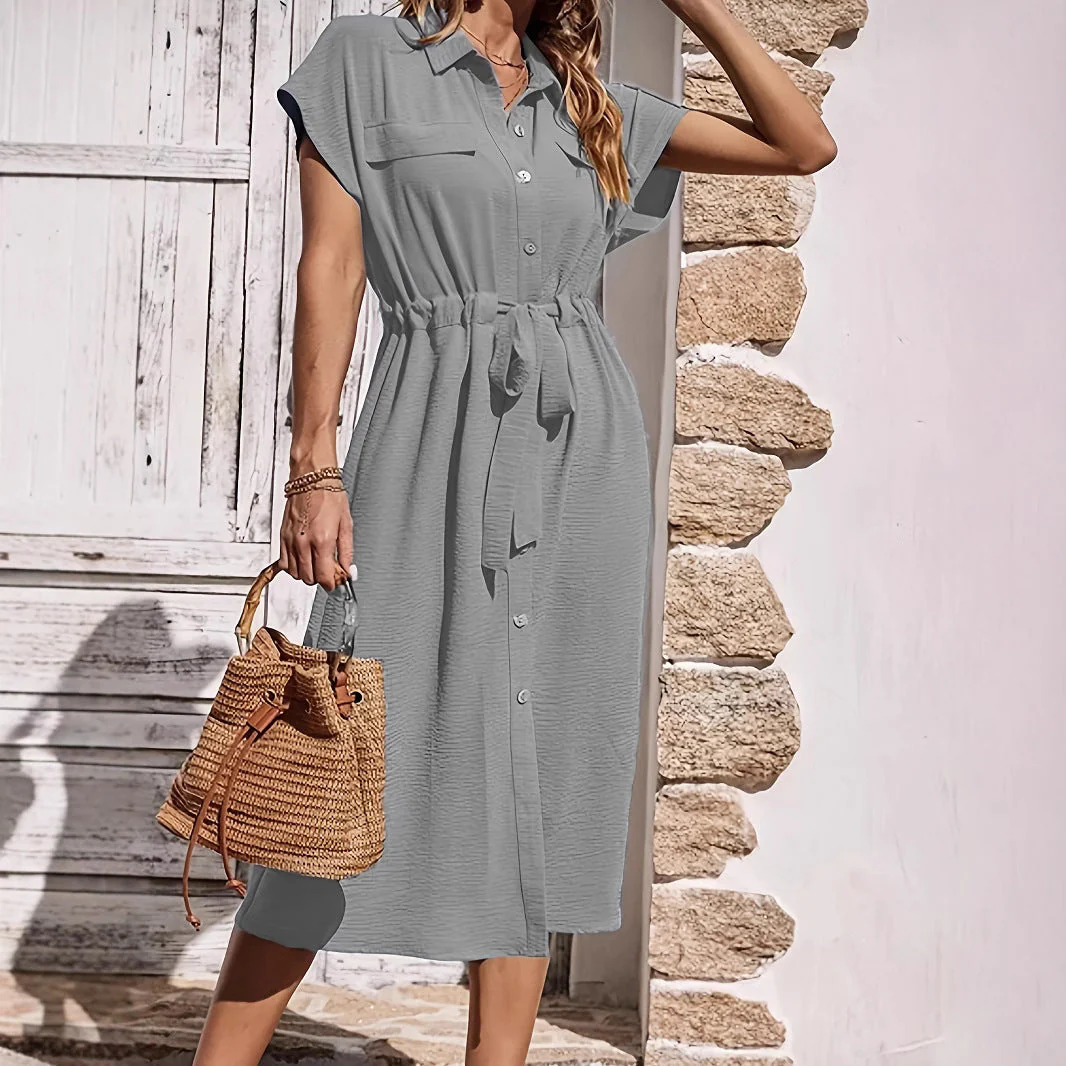 Women's shirt dress – Casual fit – Breathable fabric – Button closure – Midi length – Tie belt - Image 4