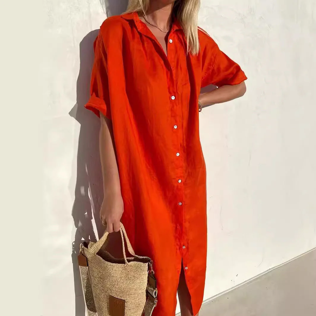 Women's Shirt Dress – Linen Cotton – Relaxed Fit – Button Closure – Short Sleeve - Image 2