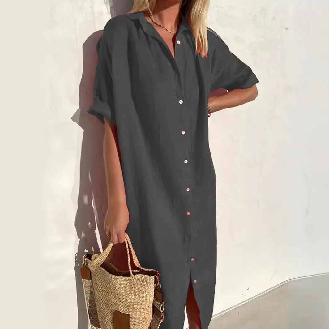 Women's Shirt Dress – Linen Cotton – Relaxed Fit – Button Closure – Short Sleeve - Image 3