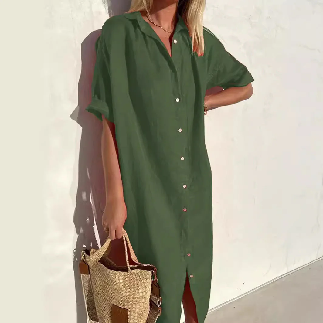 Women's Shirt Dress – Linen Cotton – Relaxed Fit – Button Closure – Short Sleeve - Image 4