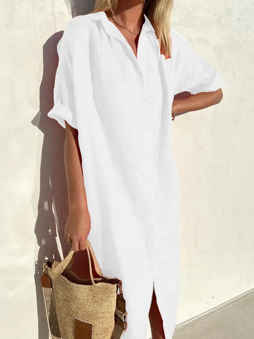 Women's Shirt Dress – Linen Cotton – Relaxed Fit – Button Closure – Short Sleeve - Image 5