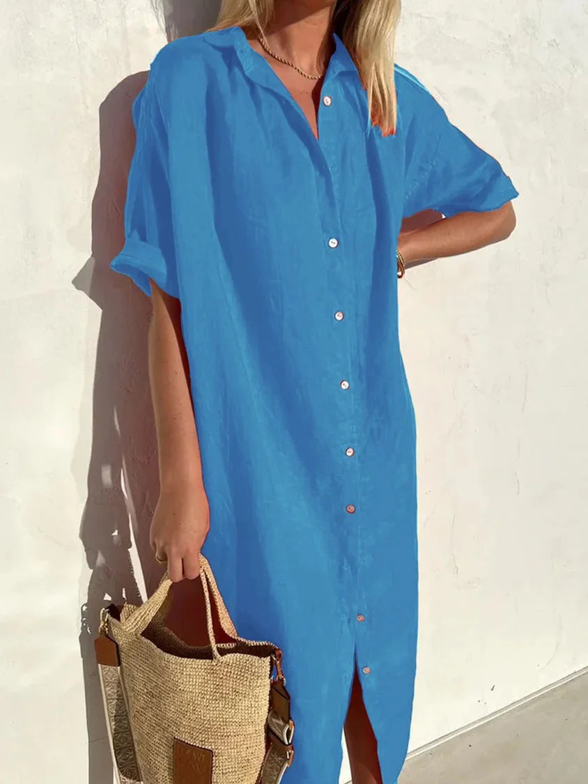 Women's Shirt Dress – Linen Cotton – Relaxed Fit – Button Closure – Short Sleeve - Image 6