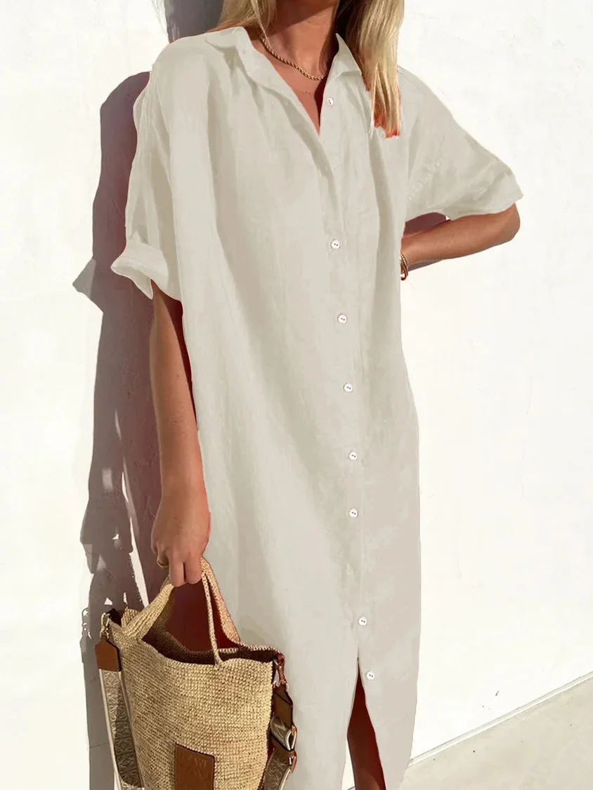 Women's Shirt Dress – Linen Cotton – Relaxed Fit – Button Closure – Short Sleeve - Image 7