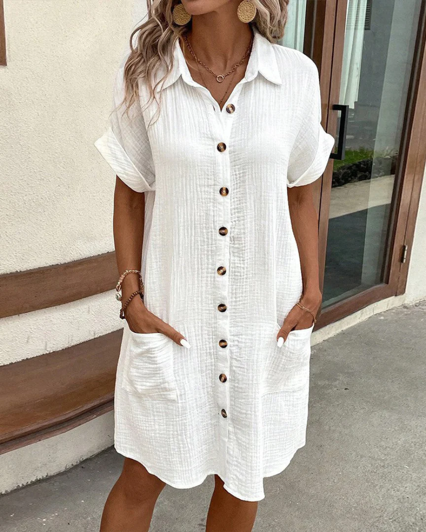 Women's shirt dress β Relaxed fit β Breathable fabric β Button closure β Rolled sleeves