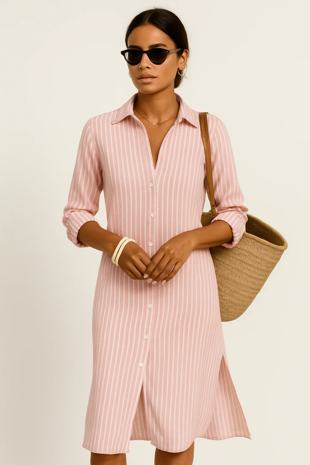 Women's Shirt Dress – Relaxed Fit – Midi Length – Breathable Material – Three-Quarter Sleeve - Image 2