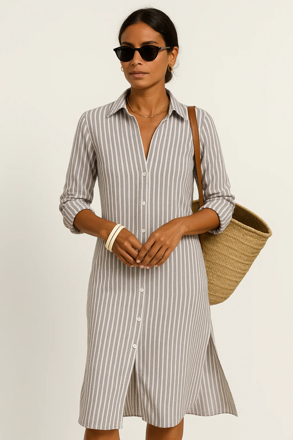 Women's Shirt Dress – Relaxed Fit – Midi Length – Breathable Material – Three-Quarter Sleeve - Image 3