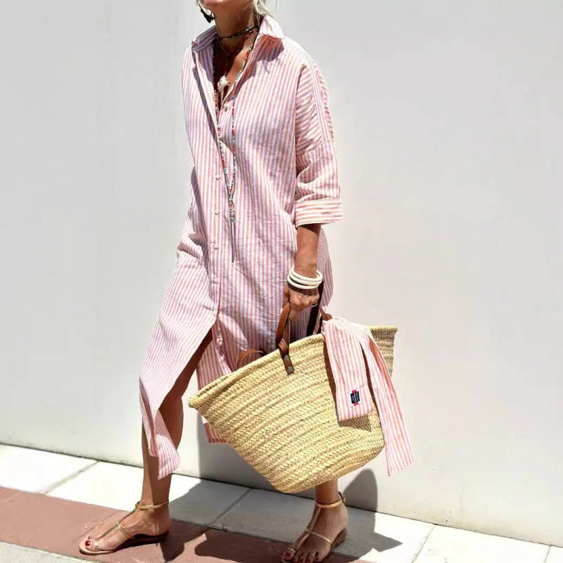 Women's Shirt Dress – Relaxed Fit – Midi Length – Breathable Material – Three-Quarter Sleeve - Image 5