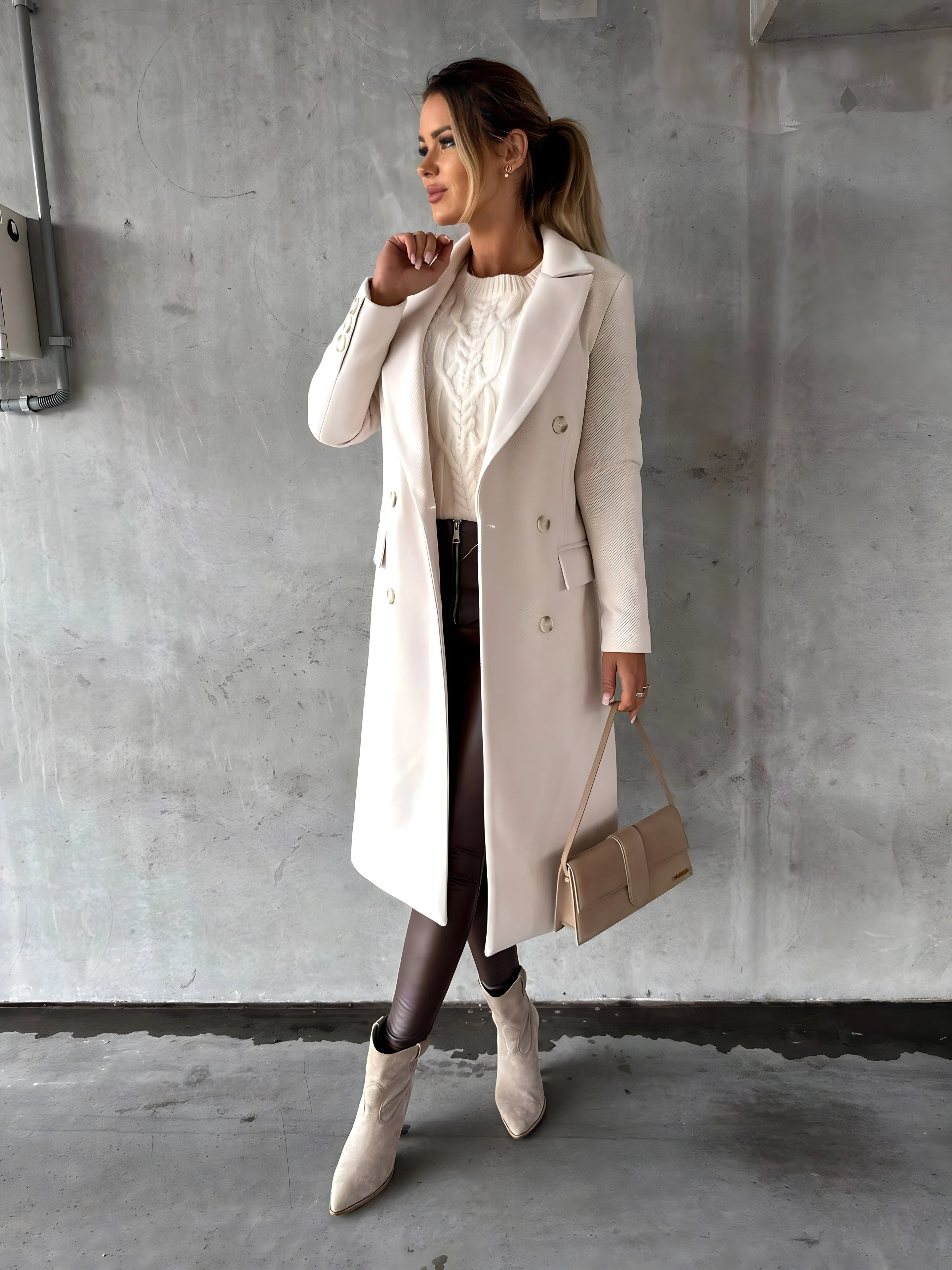 Women's Overcoat – Slim Fit – Wool Mix – Double-Breasted – Long Length – Notched Collar - Image 4
