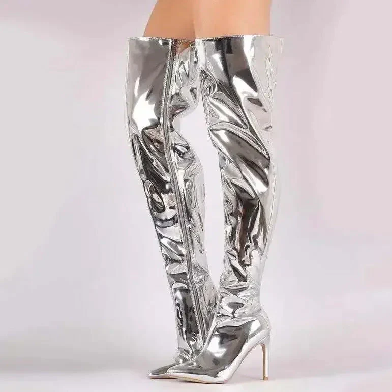 Women's overknee boots – Shiny – Pointed toe – Stiletto heel – Zipper closure - Image 2