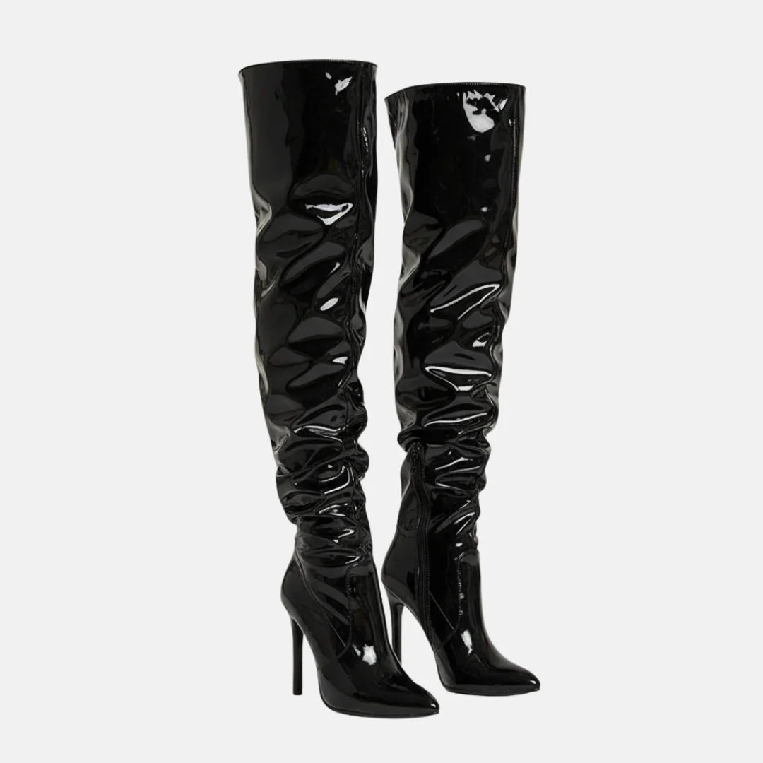 Women's Overknee Boots – Patent Leather – Pointed Toe – Stiletto Heel – Slouchy Shaft