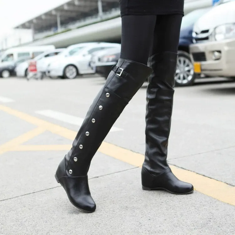 Women's overknee boots – Slim fit – Flat heel – Studs – Buckle detail – Pull-on - Image 2