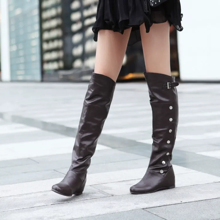 Women's overknee boots – Slim fit – Flat heel – Studs – Buckle detail – Pull-on - Image 3