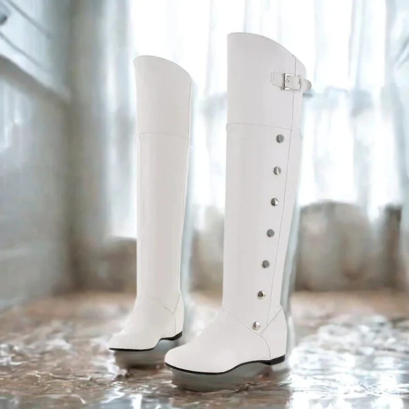 Women's overknee boots – Slim fit – Flat heel – Studs – Buckle detail – Pull-on - Image 5