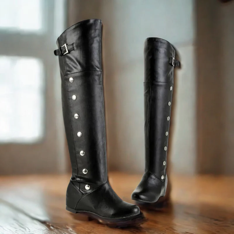 Women's overknee boots – Slim fit – Flat heel – Studs – Buckle detail – Pull-on - Image 6