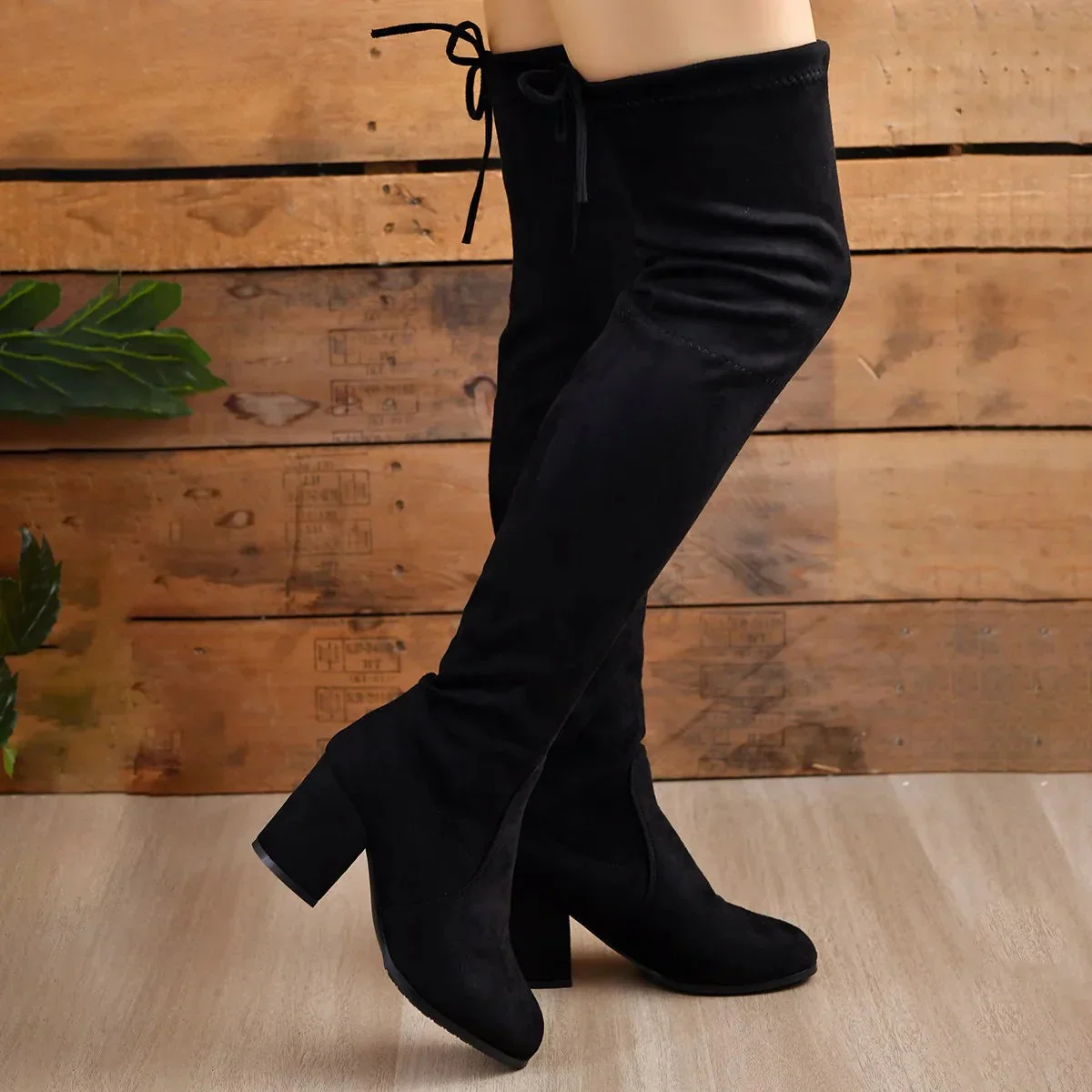 Women's Overknee Boots – Stretch Fit – Block Heel – Almond Toe – Lace-up Closure - Image 2