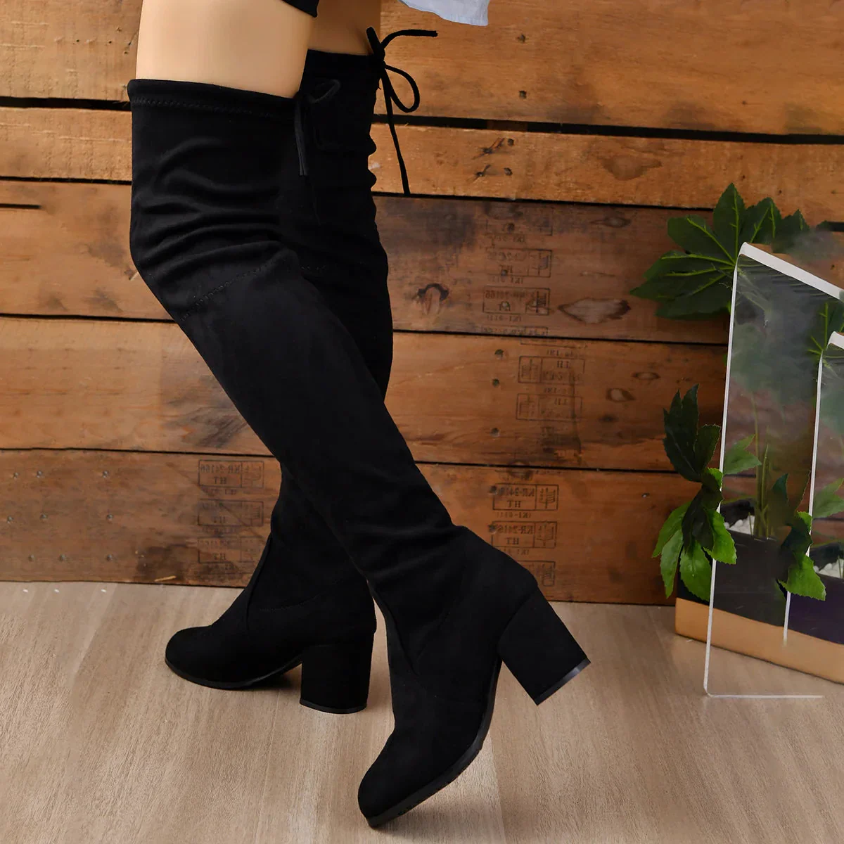 Women's Overknee Boots – Stretch Fit – Block Heel – Almond Toe – Lace-up Closure - Image 3
