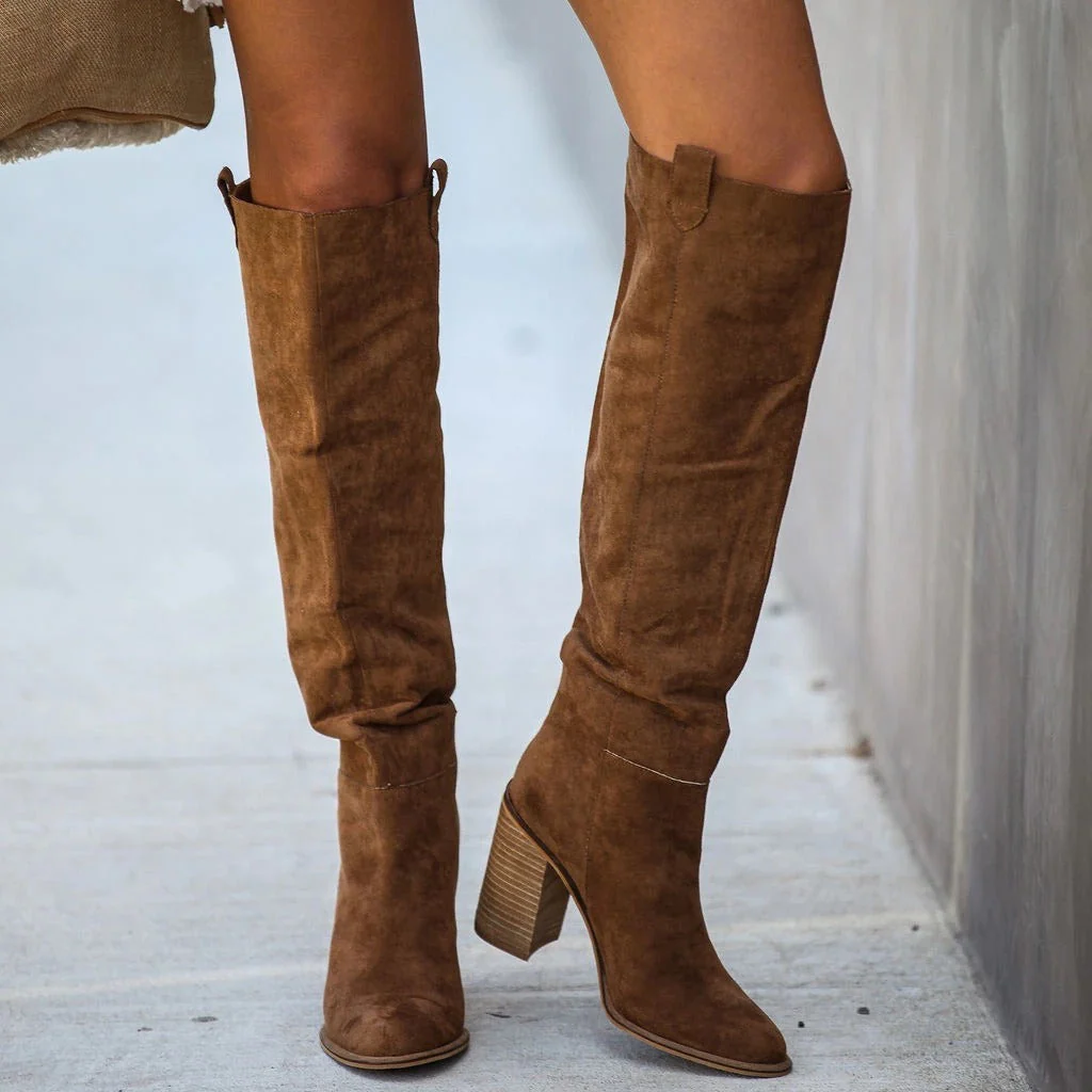 Women's Overknee Boots – Suede Look – Pointed Square Toe – Block Heel – Slip-On Model - Image 2