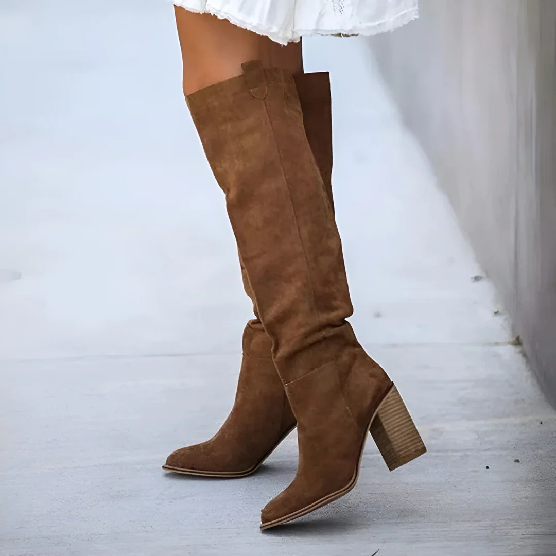 Women's Overknee Boots – Suede Look – Pointed Square Toe – Block Heel – Slip-On Model - Image 5