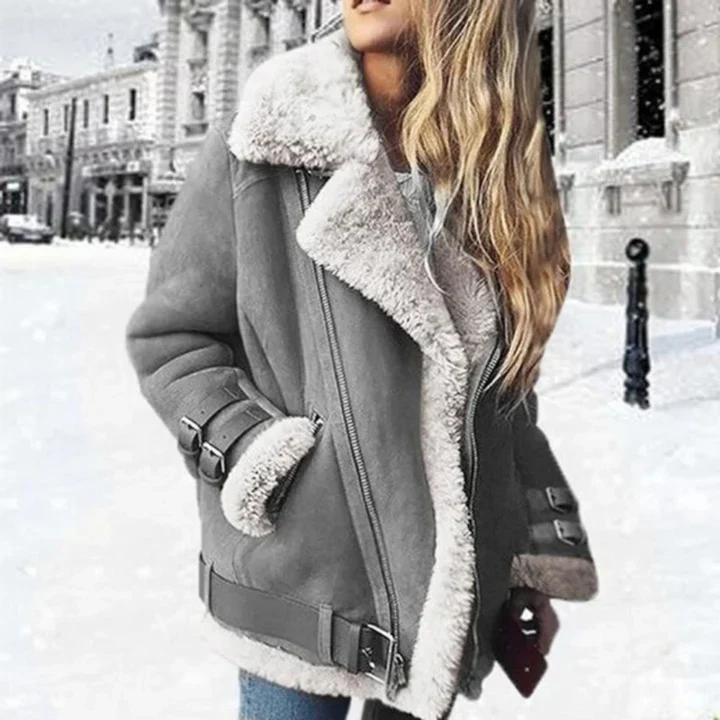 Ladies Oversized Jacket – Suede-look – Shearling Lining – Asymmetrical Zip – Buckle Details - Image 2