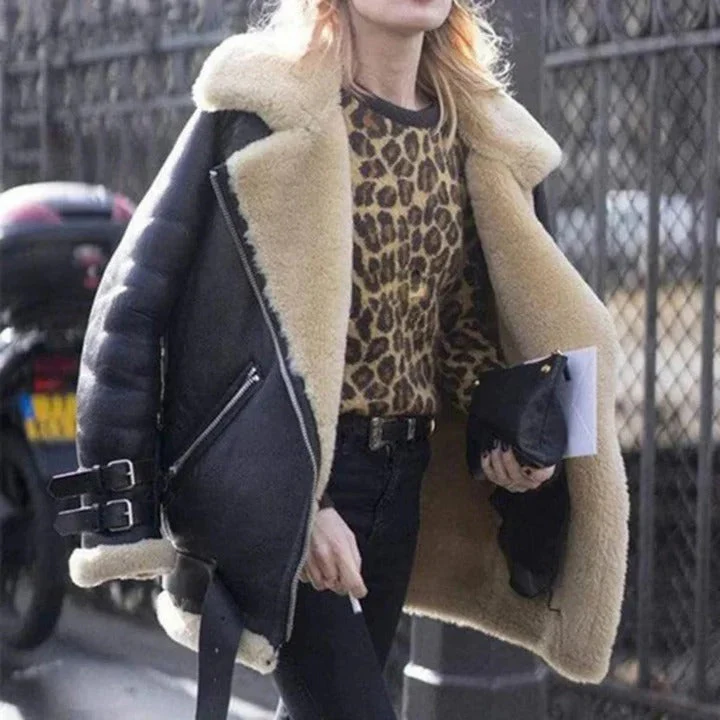 Ladies Oversized Jacket – Suede-look – Shearling Lining – Asymmetrical Zip – Buckle Details - Image 3
