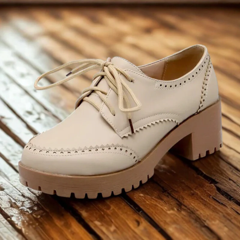 Women's Oxford Shoes – Lace-Up Closure – Brogue Details – Chunky Platform Sole - Image 3