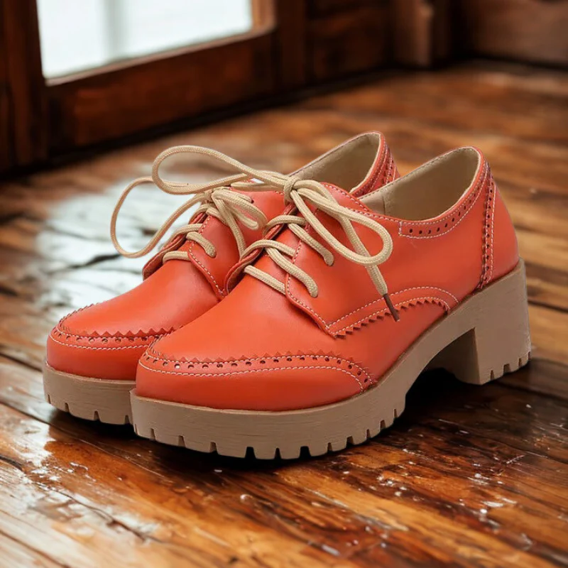 Women's Oxford Shoes – Lace-Up Closure – Brogue Details – Chunky Platform Sole - Image 4