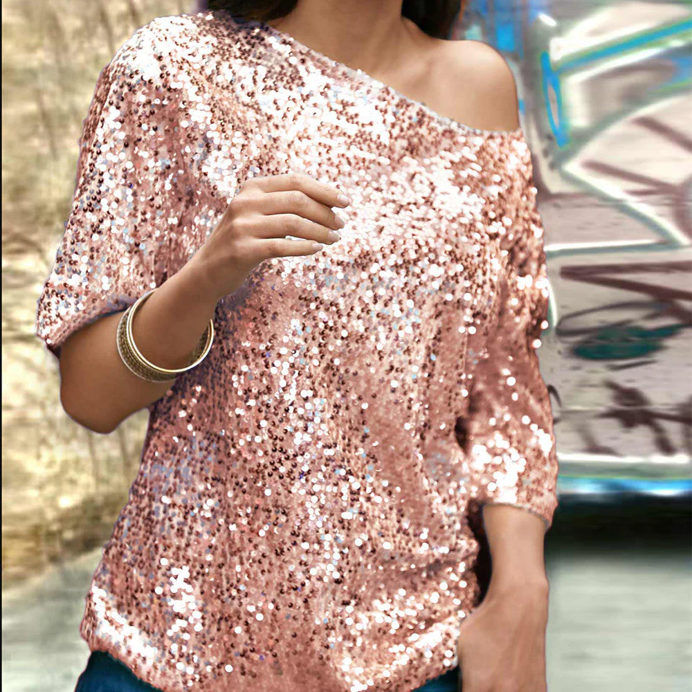 Ladies Sequin Top – Off Shoulder – Relaxed Fit – Three-quarter Sleeves – Festive - Image 4