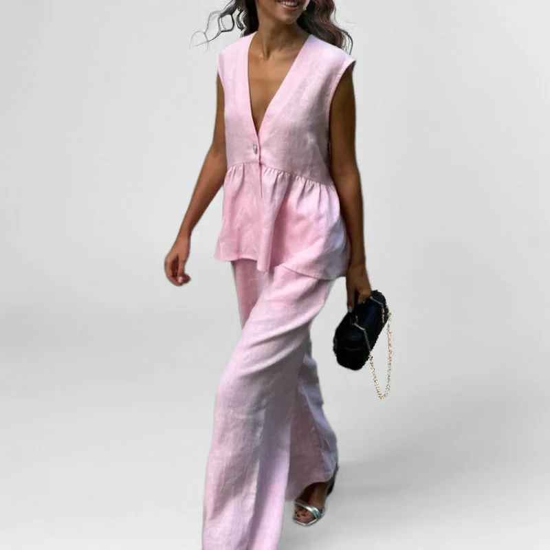Women's Suit Set – Linen Look – V-Neck Sleeveless Gilet – High Waist Wide Legs - Image 2