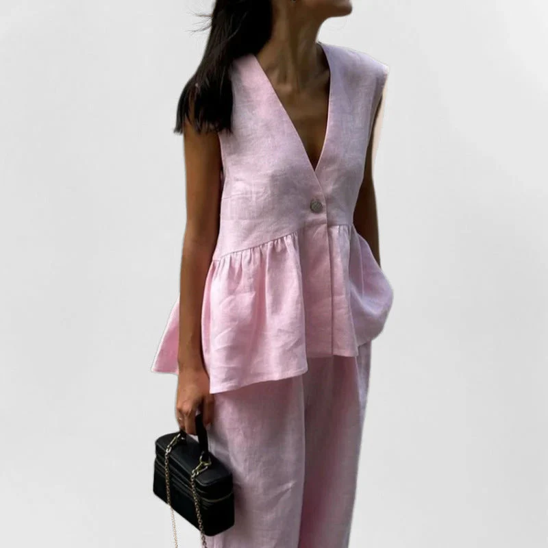 Women's Suit Set – Linen Look – V-Neck Sleeveless Gilet – High Waist Wide Legs - Image 3