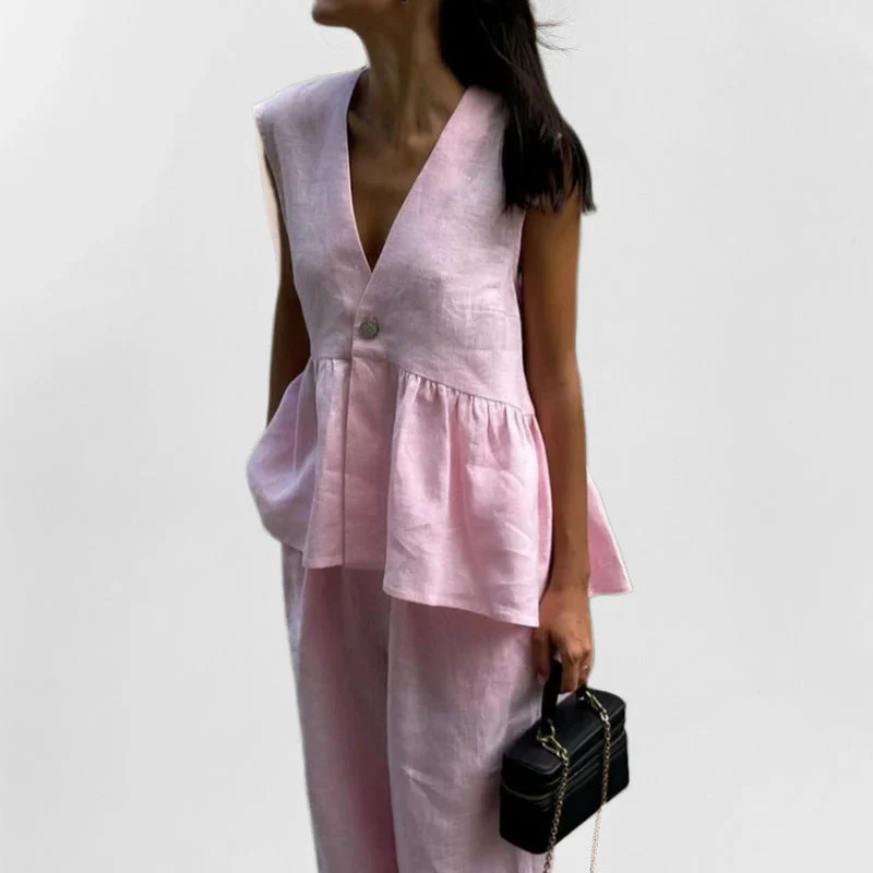 Women's Suit Set – Linen Look – V-Neck Sleeveless Gilet – High Waist Wide Legs - Image 5