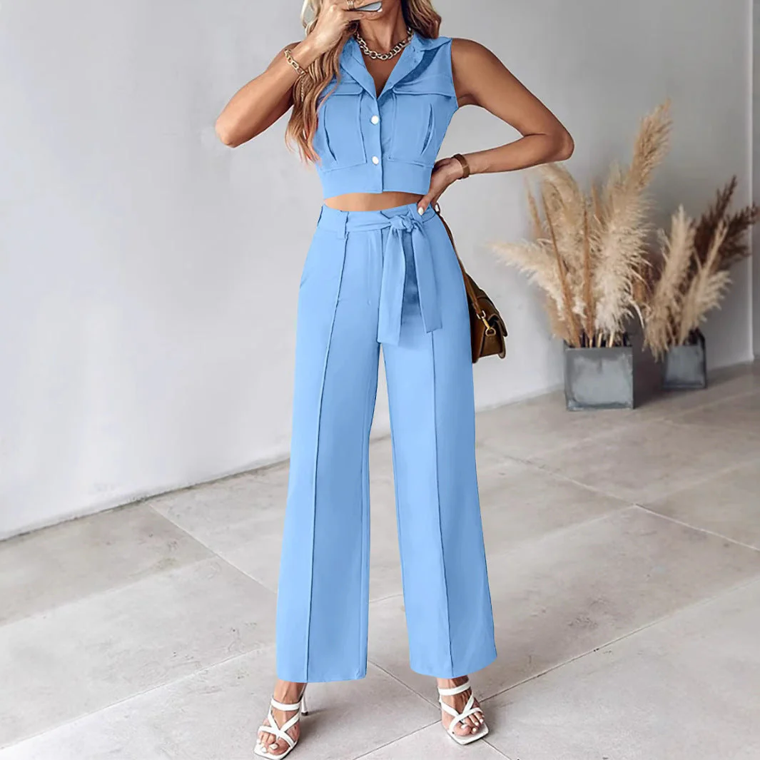 Ladies Suit Set – Sleeveless Crop Top – High Waist Wide Pants – Removable Belt - Image 2