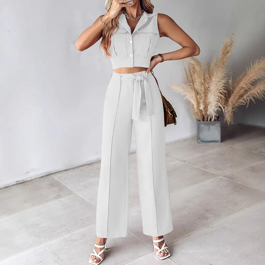 Ladies Suit Set – Sleeveless Crop Top – High Waist Wide Pants – Removable Belt - Image 3