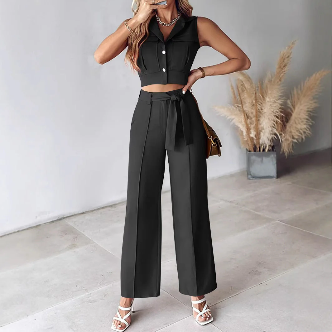 Ladies Suit Set – Sleeveless Crop Top – High Waist Wide Pants – Removable Belt - Image 4