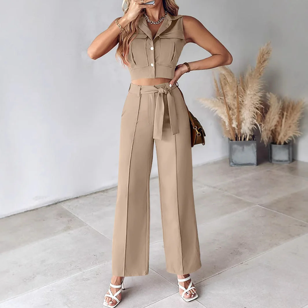 Ladies Suit Set – Sleeveless Crop Top – High Waist Wide Pants – Removable Belt - Image 5